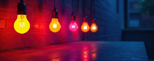 Vibrant Light Bulbs Illuminate Dark Room, Casting Dynamic Shadows Creative Energy and Innovation