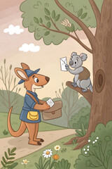 Cartoon kangaroo delivering a letter to a koala sitting on a tree in a colorful landscape