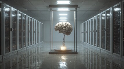Artificial Intelligence: Human brain encased in a glass container inside a server room, concept for neural networks and machine learning, 3D rendering.