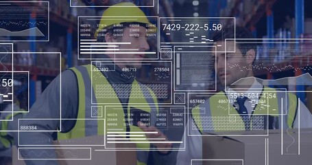 Warehouse staff with boxes glancing upward, starting data panels while swiping inventory analytics - Powered by Adobe