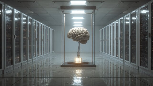 Artificial Intelligence: Human brain encased in a glass container inside a server room, concept for neural networks and machine learning, 3D rendering.