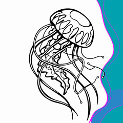 Line Art Jellyfish Drawing, Ocean Animal Illustration