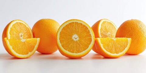The vibrant display of fresh oranges and their deliciously juicy slices.