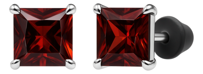 Square-cut garnet stud earrings with sterling silver posts