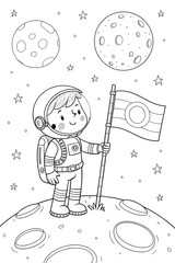 Cartoon astronaut boy planting flag on moon, smiling with planets in background, copy space
