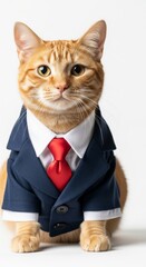 A cat dressed in a formal business suit and tie, standing upright with a confident expression, combining wildlife charm with corporate style
