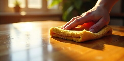 Sunlight Illuminates Polished Wood A Close-Up of a Buffing Cloth Enhancing a Rich, Warm Wooden Surface