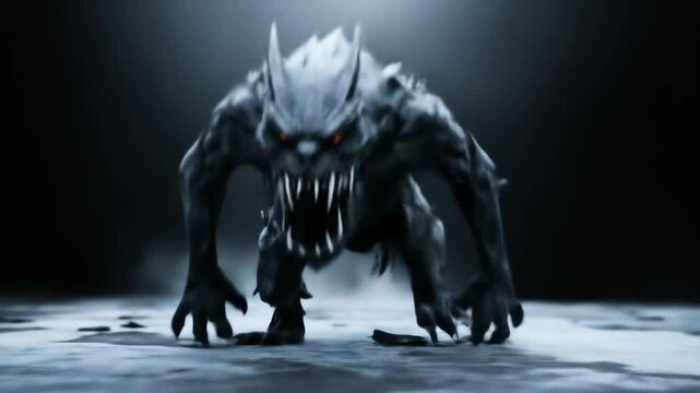 Monstrous Creature Approaching - A menacing, grey, wolf-like creature with glowing orange eyes stalks forward on a dark, misty surface.