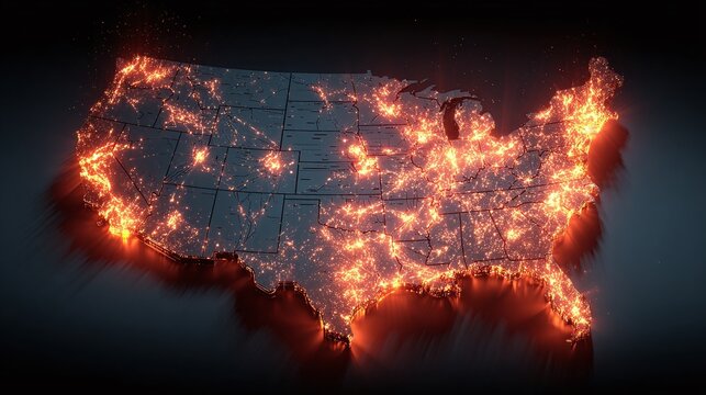 Luminous United States: An illuminated map highlighting population density and urban development with fiery glow and connectivity.