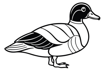 Black and white line art image of a side view of a duck
