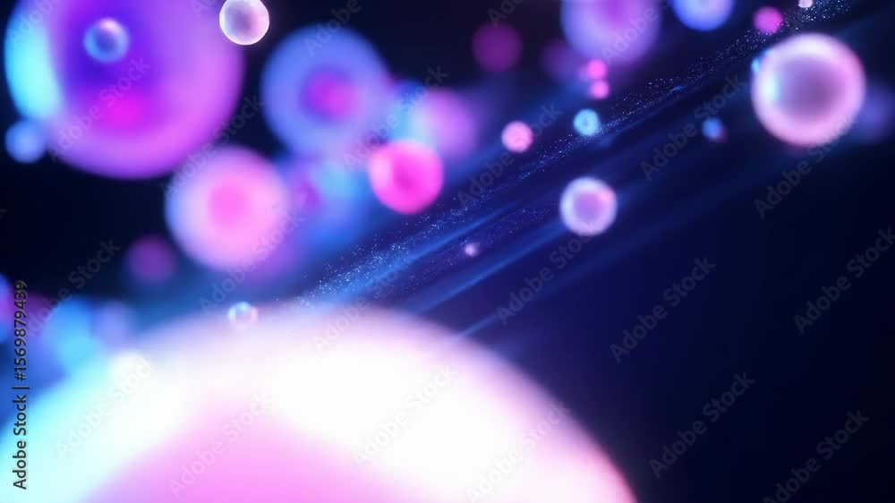 Poster abstract neon bubbles floating in dark space - glowing orbs of pink and blue float and drift across 