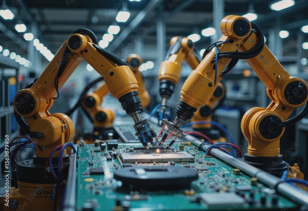 Aufkleber automated robotic arms working on an electronics conveyor line