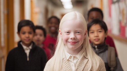 Obraz premium A group of elementary school students are walking down a school hallway. One smiling girl with fair skin and white blonde hair is at the front of the group.