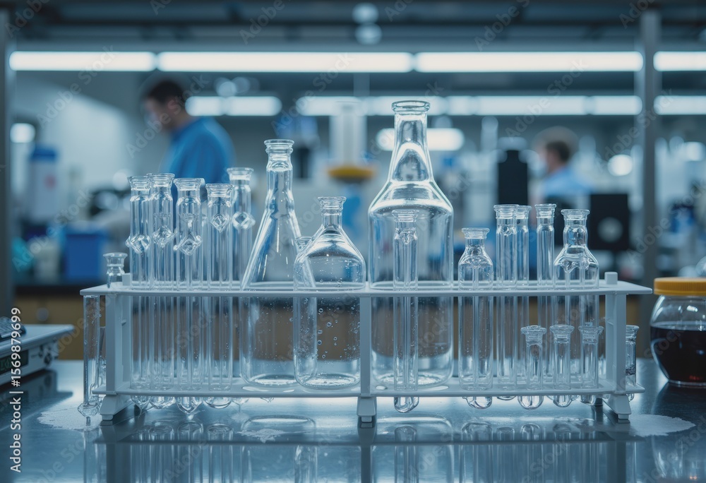 Poster glassware racks filled with various laboratory flasks in a chemical analysis lab
