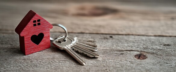 The house-shaped key holder with heart symbol and keys on wooden surface.