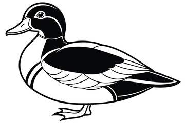 Black and White Illustration of a Duck Standing with Feet Visible and Detailed Feathers