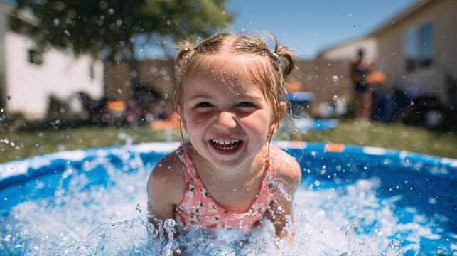 Little girl having fun in the pool, smiling as water splashes around her face. Childhood memories in the summer sun, joy and water. #summerfun
