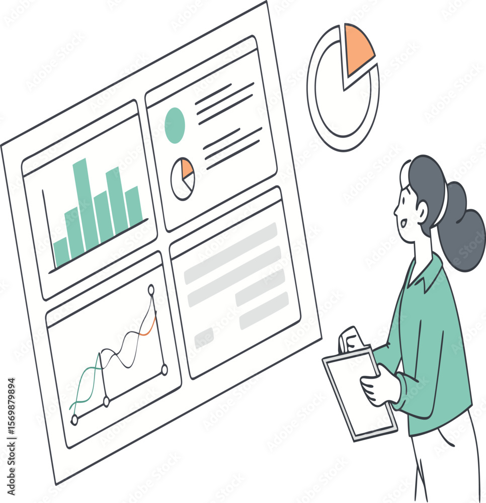Aufkleber woman analyzing dashboard with bar charts, line graphs, and pie charts for data visualization insigh