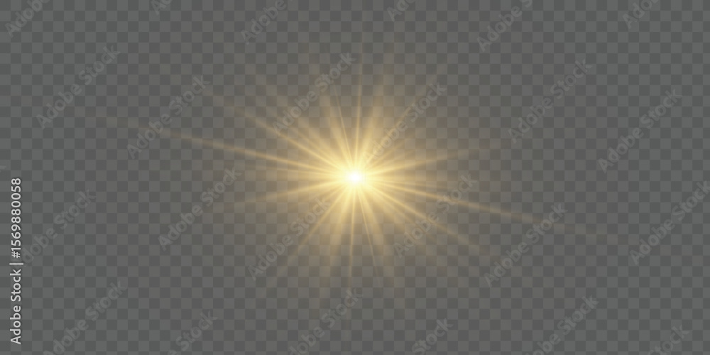 Poster Bright golden burst of light with rays and highlights on transparent background. Energetic visual light element for effects, web design and illustrations. Vector PNG