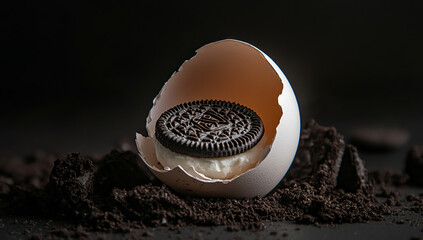 A photo of a broken eggshell, with an Oreo cookie inside, sitting on the ground in natural light against a black background.