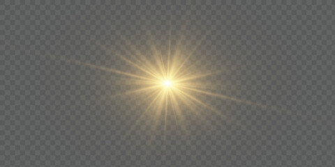 Bright golden burst of light with rays and highlights on transparent background. Energetic visual light element for effects, web design and illustrations. Vector PNG