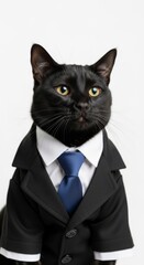 A cat dressed in a formal business suit and tie, standing upright with a confident expression, combining wildlife charm with corporate style
