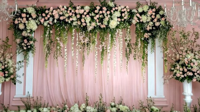 A beautifully arranged floral backdrop features an array of pastel flowers and draping greenery, perfect for a festive celebration