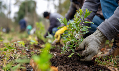 Naklejka premium Community tree planting event local park environmental initiative outdoor setting close-up view sustainability effort