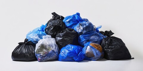 The pile of colorful trash bags against a plain background