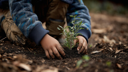 Child planting a young tree in a natural environment outdoor garden emotional connection to nature
