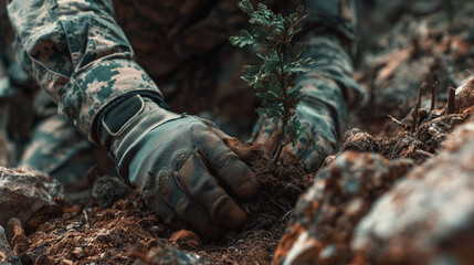 Tree planting action by soldiers in nature environmental conservation outdoor perspective community impact