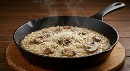 Risotto with mushrooms and parmesan cheese in a black skillet on wood.