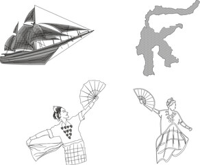 Indonesian cultural icons pattern: Phinisi, map and dancers