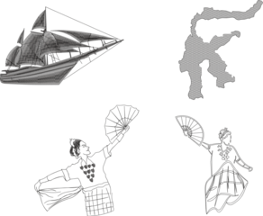 Indonesian cultural icons pattern: Phinisi, map and dancers