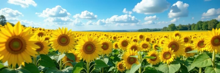 Vast sunflower field, vibrant yellow blooms, azure sky , rural, joy