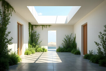 Serene indoor courtyard bathed in sunlight offering a tranquil view of the horizon through an open doorway