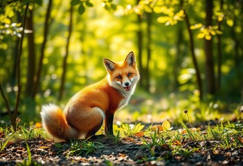 Whimsical fox in sun-dappled forest, playful tail curled,  leaves,  summer