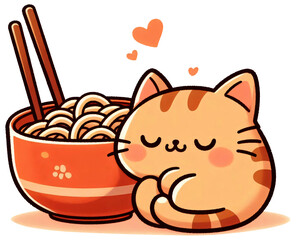 A cat cuddled up next to a bowl of udon noodles, warm soft cartoon vibe