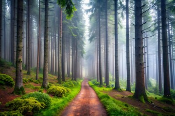Misty Forest Path: Serene, Lush Green Coniferous Trees, Magical Atmosphere, Tranquil Nature Scene