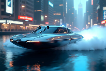 Obraz premium Futuristic Silver Amphibious Hovercraft Gliding Through City Waters at Night with Gullwing Doors Concept