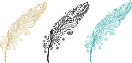 Three embroidered feather illustrations on a black background
