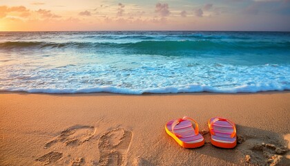 vibrant coral reef patterned flip flops half buried in golden sunset lit sand with crystal clear turquoise waves rolling in the distance capturing eco conscious beach vacation vibes warm bokeh effe