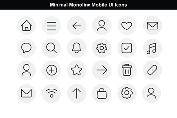 Minimal Monoline Mobile UI Icons in Circular Background.