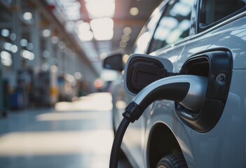 Fototapeta premium Electric vehicle charging station at a modern plant facility