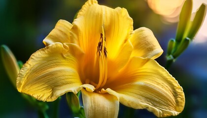 close up of vibrant yellow daylily in bloom