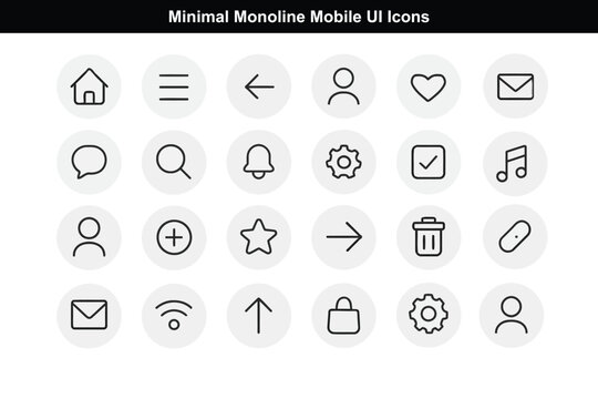 Minimal Monoline Mobile UI Icons in Circular Background.