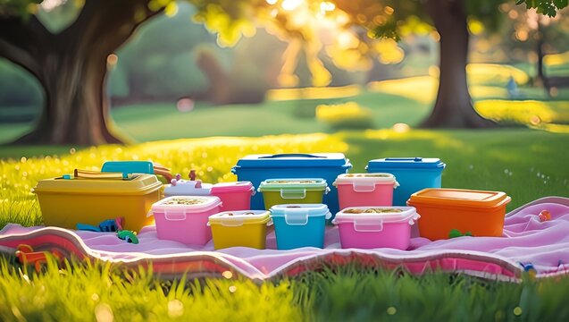 Colorful Picnic Containers on Blanket in Park &ndash; Generative AI

Description
Generative AI image of colorful lunch containers on a picnic blanket in a sunny park setting. This is not a real photo.