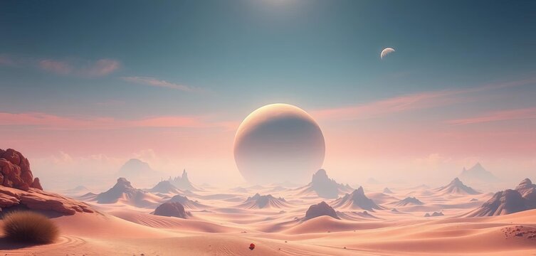 Whimsical desert planet, floating islands, pastel sky, crescent moon,  clouds,  magical