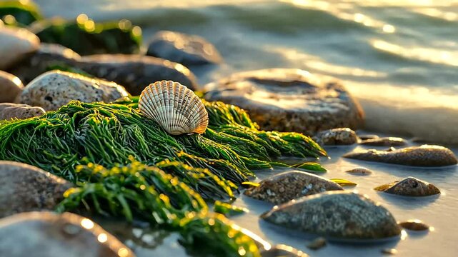 A serene coastal scene featuring a scallop shell resting on green seaweed among smooth pebbles at sunset