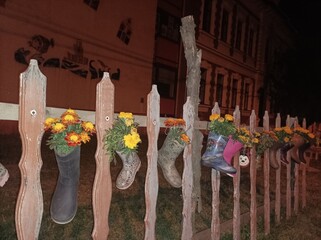 virágok csizmákban a kerítésen